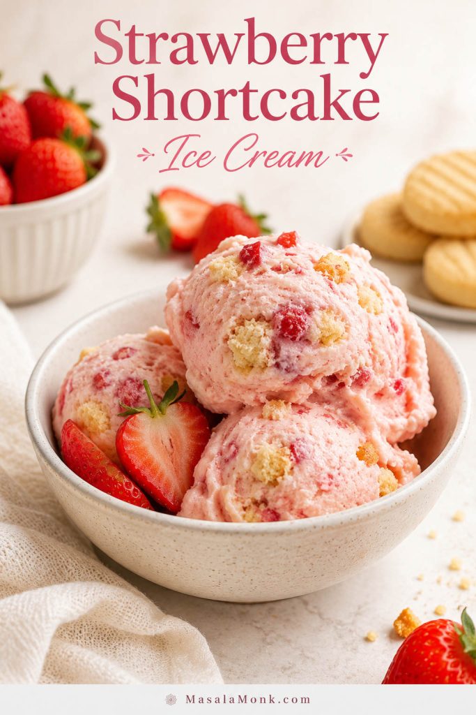 Strawberry shortcake ice cream scoops with cake crumbs, strawberries, and a pale dessert bowl