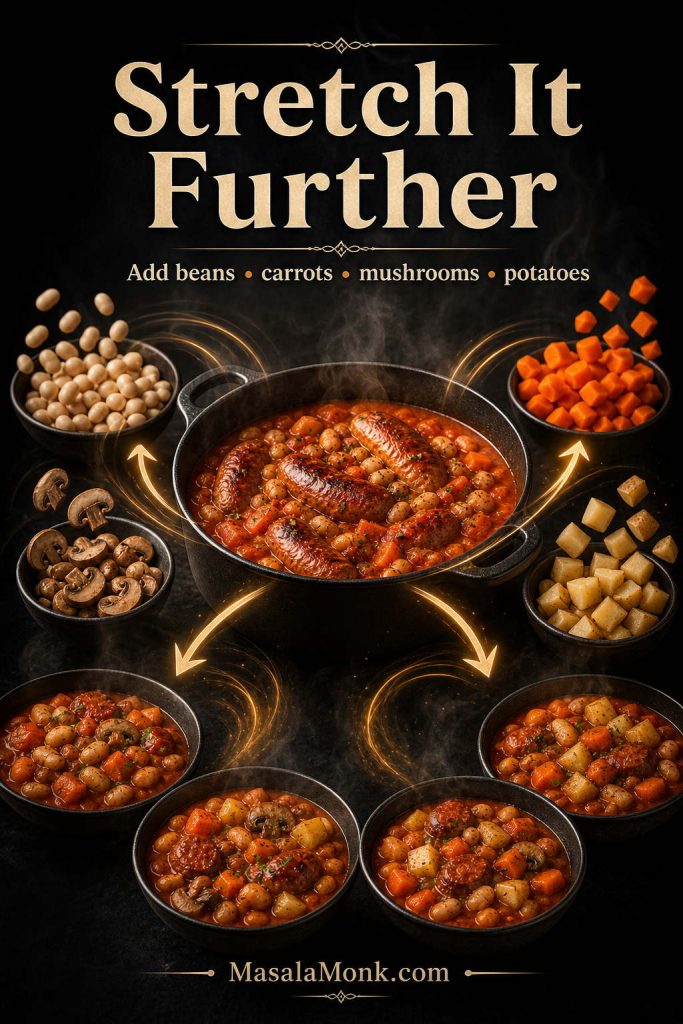 Sausage casserole being extended into more portions with beans, carrots, mushrooms and potatoes.