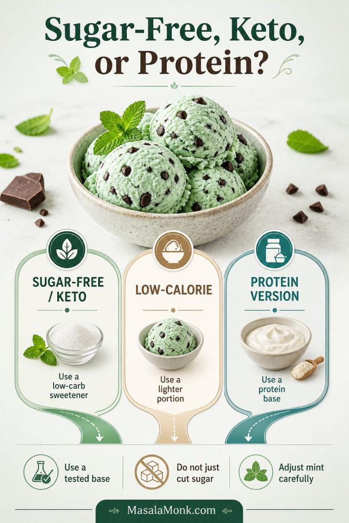 Guide to sugar-free, keto, low-calorie, and protein mint chip ice cream options with notes to use a tested base, avoid simply cutting sugar, and adjust mint carefully.