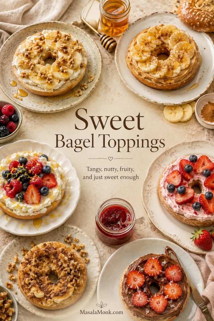 Sweet bagel topping ideas including peanut butter banana, ricotta berries, strawberry cream cheese, cinnamon sugar, and Nutella strawberries.
