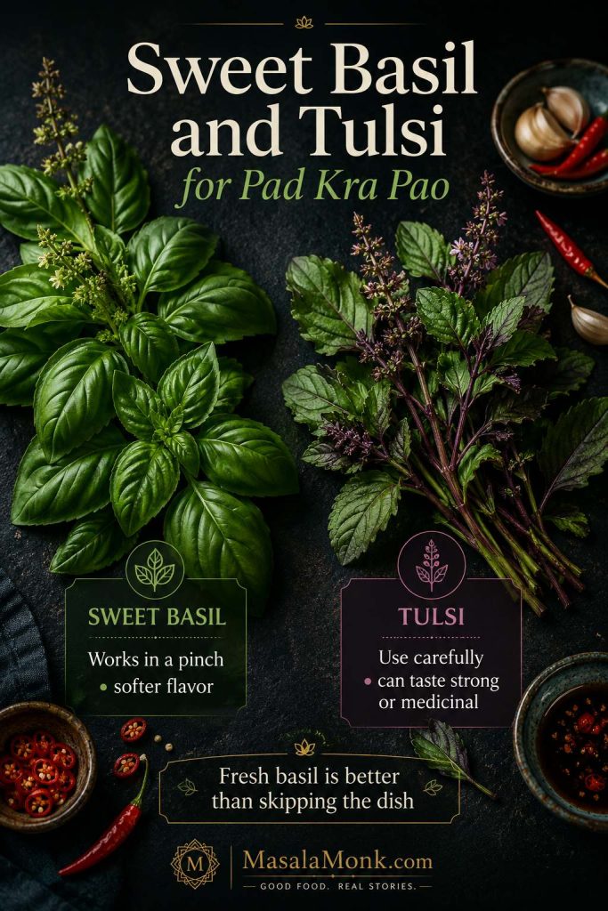 Sweet basil and tulsi fallback herb board with notes about softer flavor and careful tulsi use.
