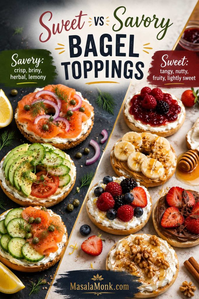 Sweet and savory bagel topping comparison with smoked salmon, avocado, cucumber, berries, jam, peanut butter banana, honey, and ricotta.