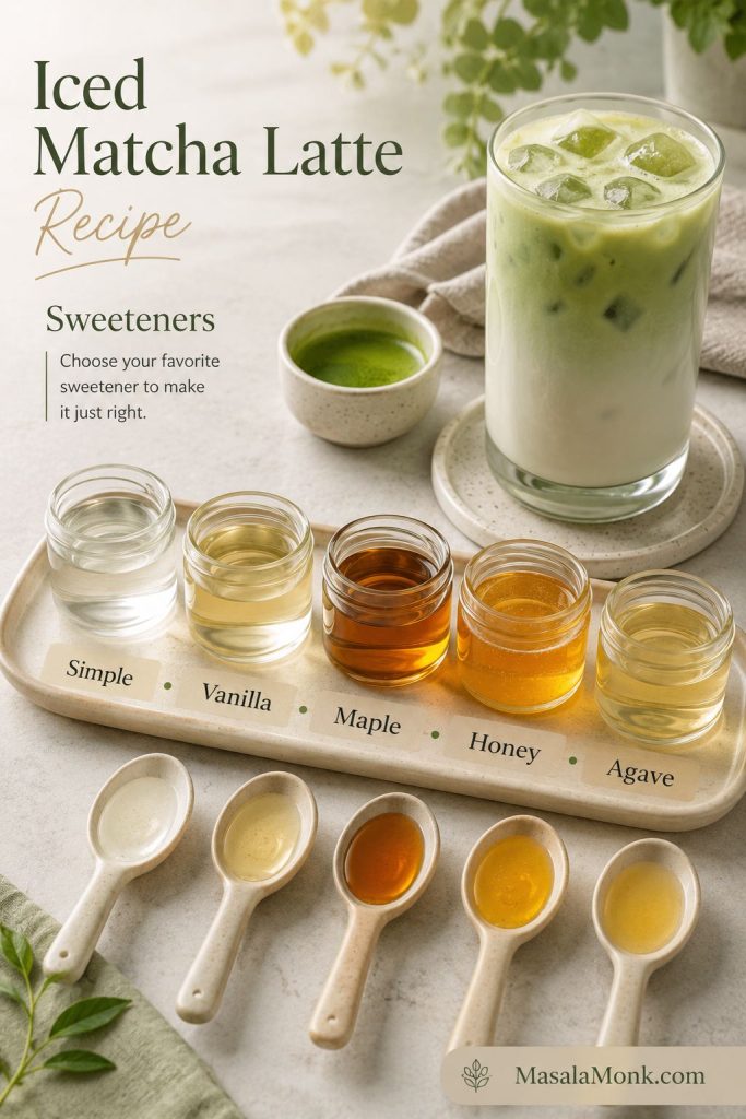 Simple syrup, vanilla syrup, maple syrup, honey, and agave arranged beside an iced matcha latte