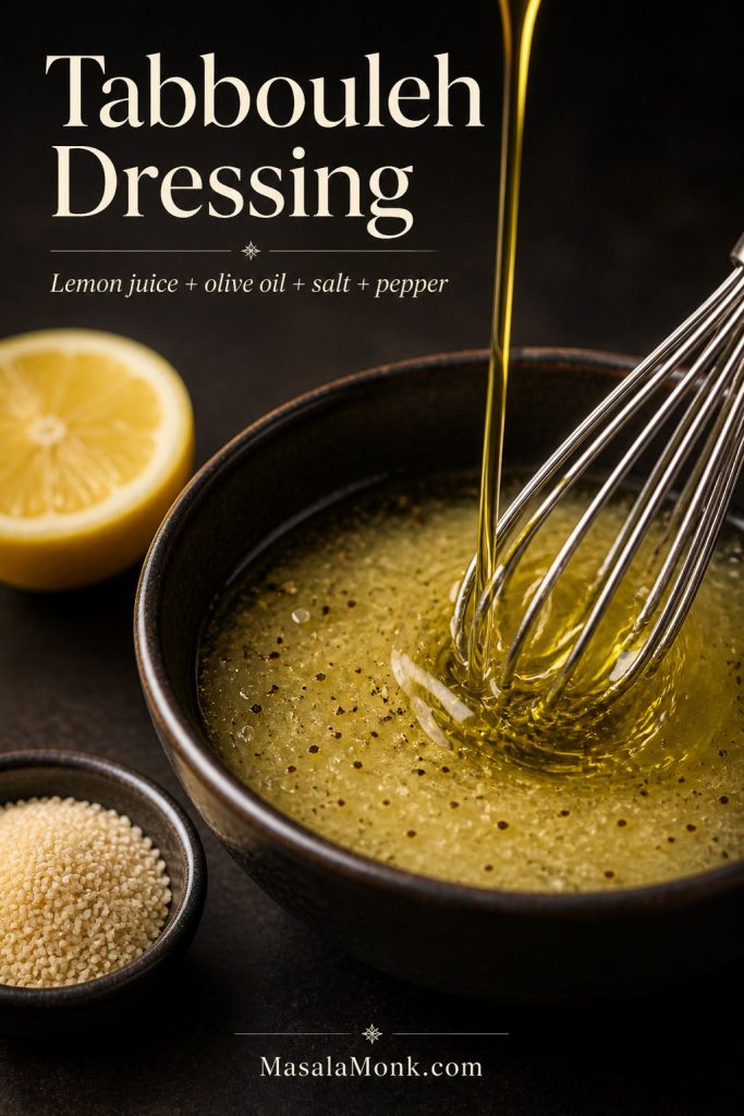 Lemon juice and olive oil being whisked into a tabbouleh dressing with salt, pepper, lemon halves, and fine bulgur nearby.
