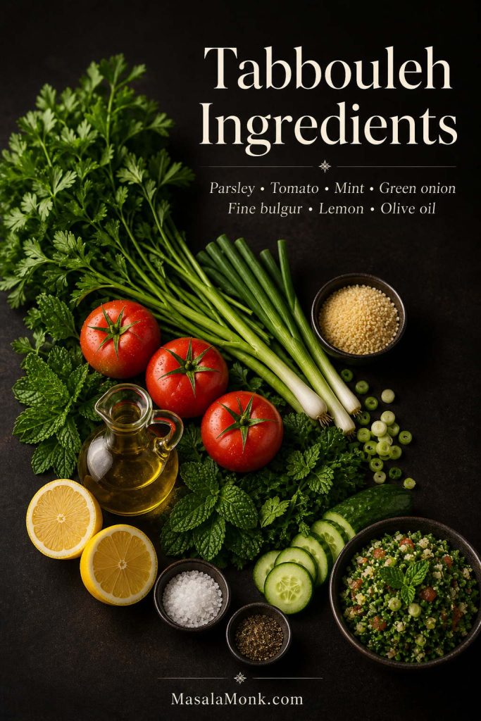 A dark ingredient board with parsley, mint, tomatoes, green onions, fine bulgur, lemon, olive oil, salt, pepper, and optional cucumber for tabbouleh.
