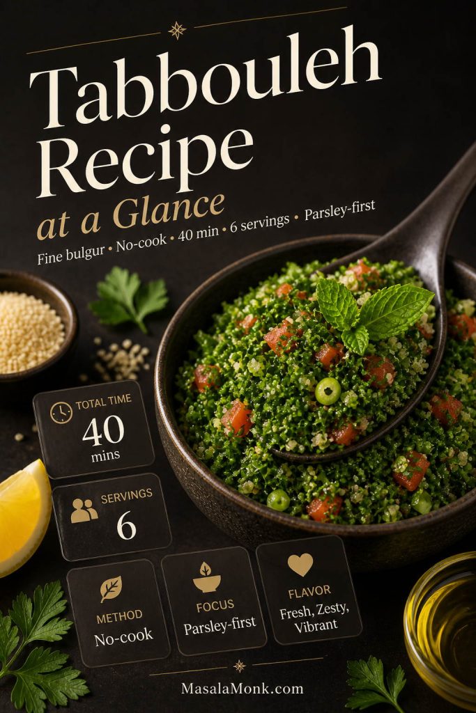 A tabbouleh recipe overview graphic with a finished salad, parsley, lemon, fine bulgur, and text showing no-cook method, 40 minutes, 6 servings, and parsley-first.