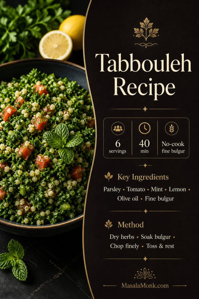 A visual tabbouleh recipe card with a finished salad, 6 servings, 40 minutes, no-cook fine bulgur, key ingredients, and method steps.