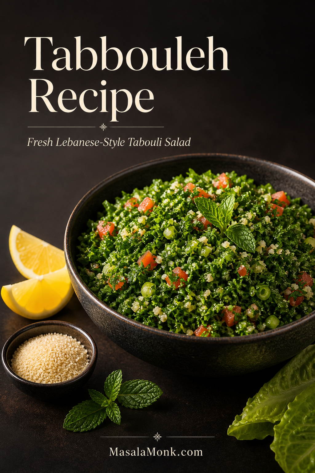 A dark bowl of parsley-heavy tabbouleh with tomato pieces, mint, lemon wedges, romaine leaves, and a small amount of fine bulgur.