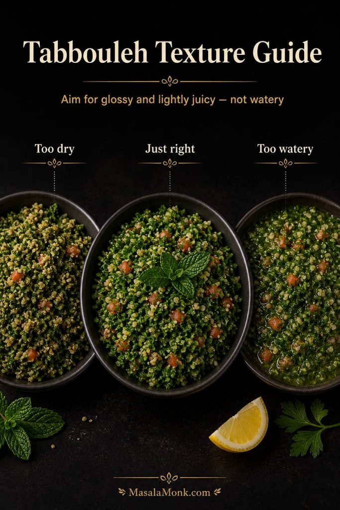 A tabbouleh texture guide comparing too dry, just right, and too watery versions of the salad.