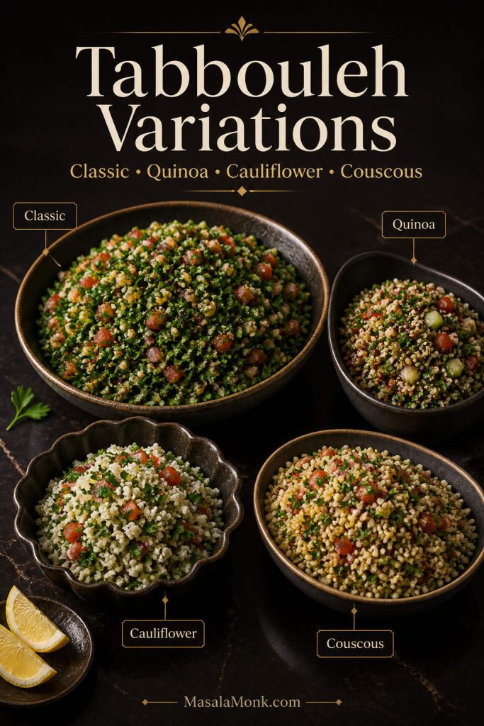 A tabbouleh variations graphic showing classic bulgur, quinoa, cauliflower, and couscous versions in separate bowls.