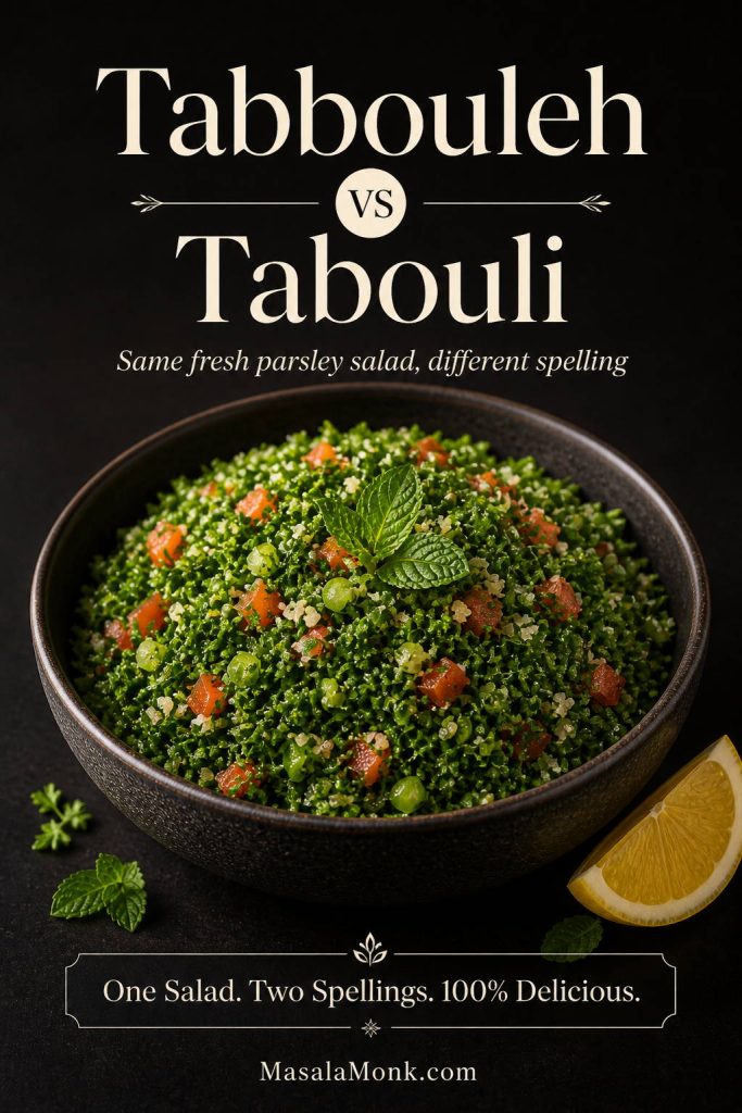 A spelling comparison graphic showing one bowl of tabbouleh labeled with both “Tabbouleh” and “Tabouli.”