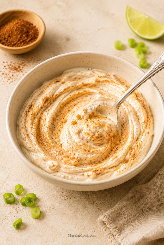Bowl of sour cream being mixed with taco seasoning for the creamy layer of 7 layer dip.