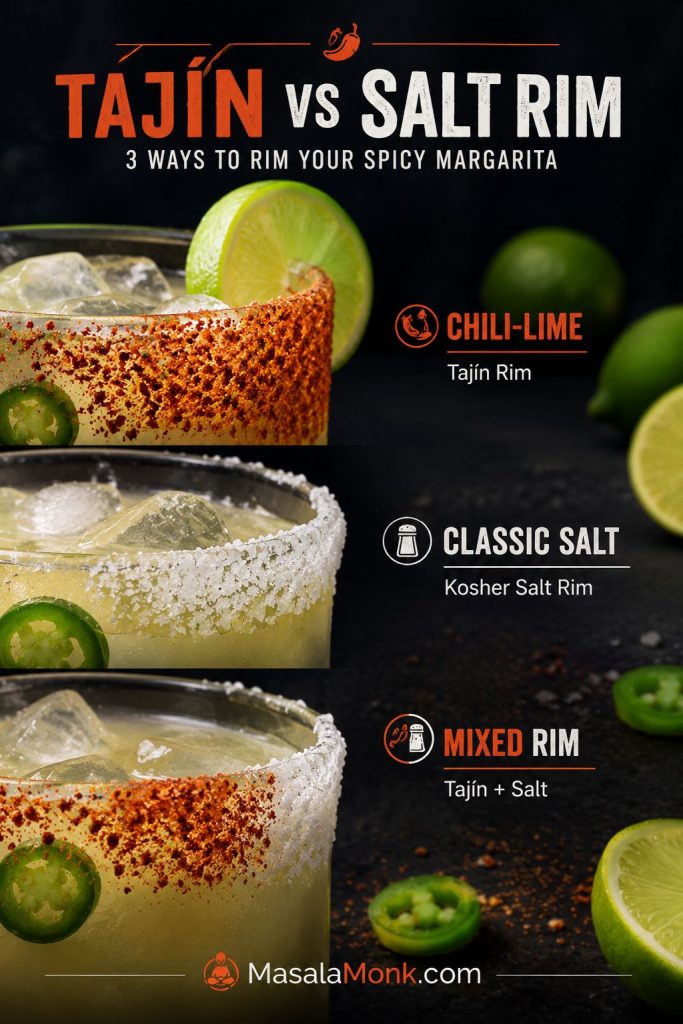 Tajín rim, kosher salt rim, and mixed chili-lime salt rim options for a spicy margarita.