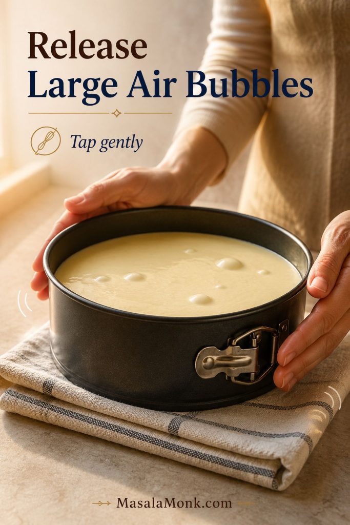 Hands gently tapping a filled cheesecake pan on a folded towel to release large air bubbles.