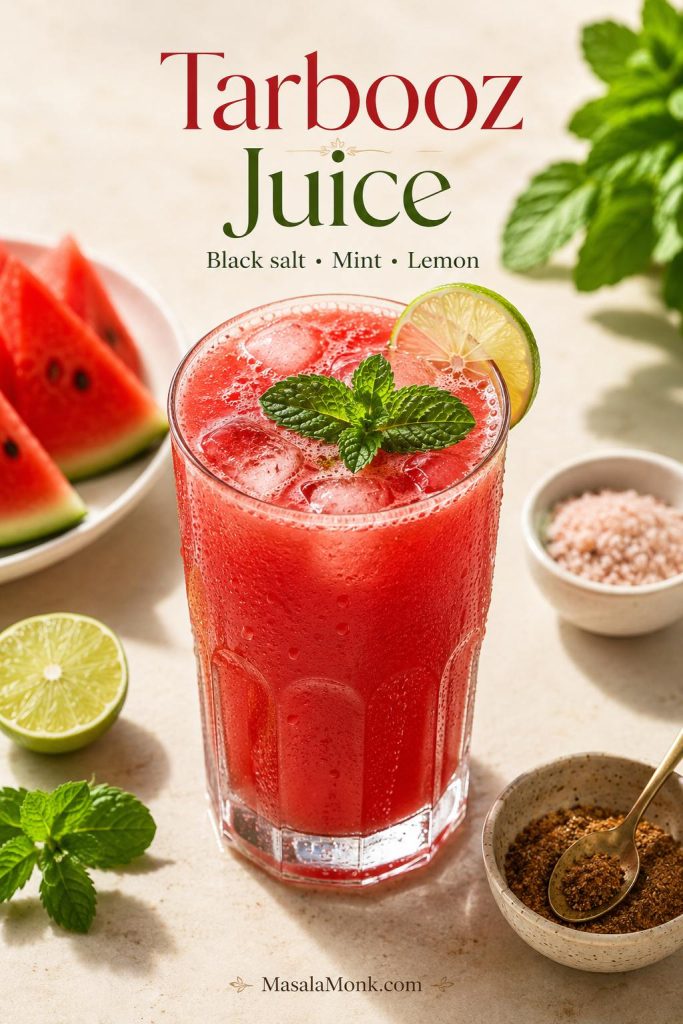 Indian-style tarbooz juice with watermelon juice, black salt, mint, lemon or lime, and small spice bowls.
