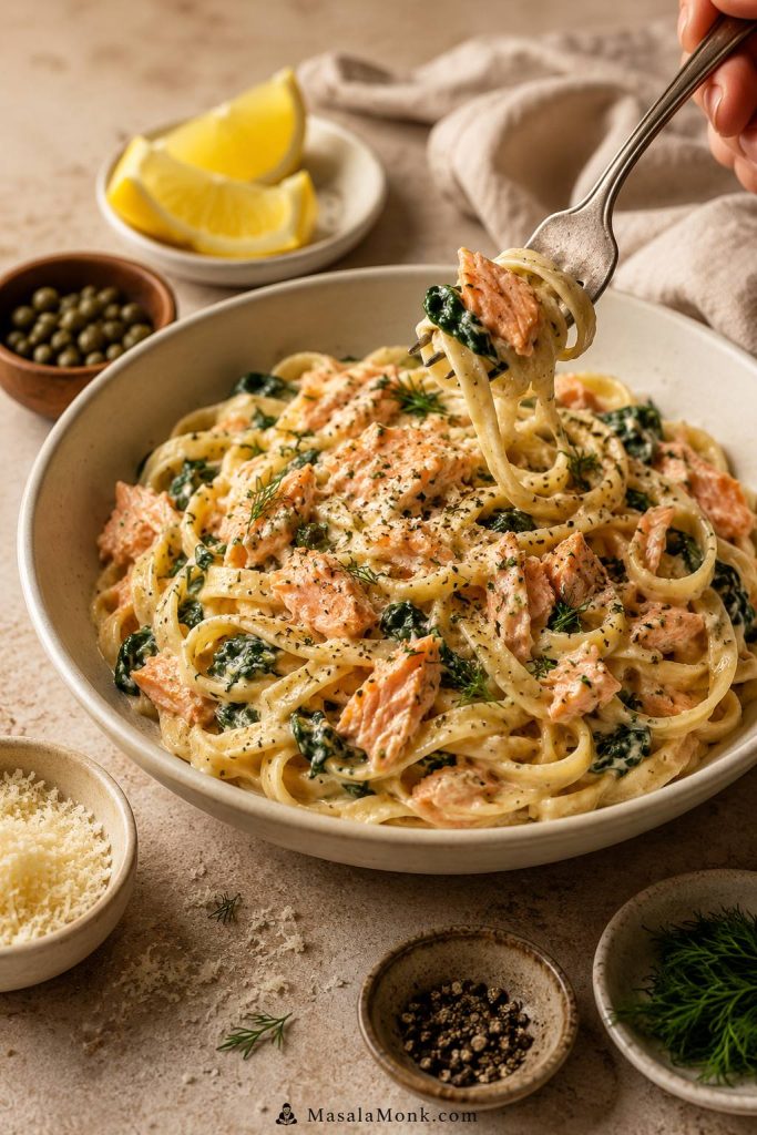 Forkful of creamy salmon pasta with lemon, capers, herbs, Parmesan, and black pepper nearby