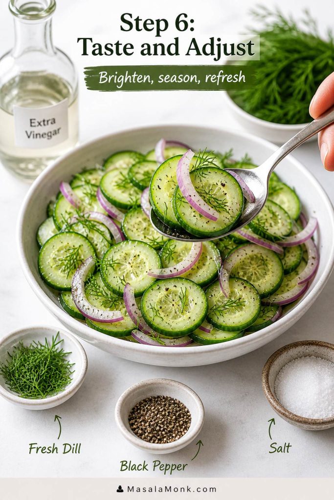 Cucumber salad being tasted and adjusted with extra vinegar, dill, pepper, and salt nearby.