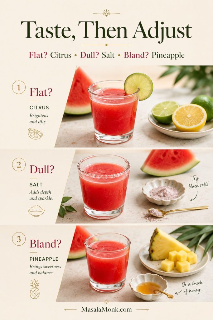 Taste-and-adjust guide showing citrus for flat juice, salt for dull juice, and pineapple for bland watermelon juice.