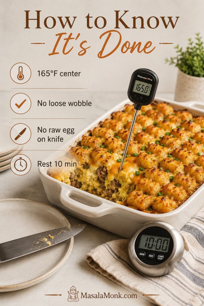 Doneness guide for tater tot breakfast casserole with a thermometer, knife test, and resting time cues.