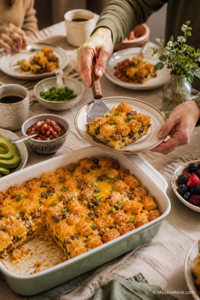 Hands serving tater tot breakfast casserole from a large baking dish at a brunch table with plates, fruit, salsa, and coffee.