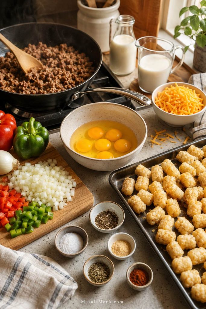 Ingredients for tater tot breakfast casserole, including sausage, eggs, milk, shredded cheese, frozen tots, vegetables, and seasonings.