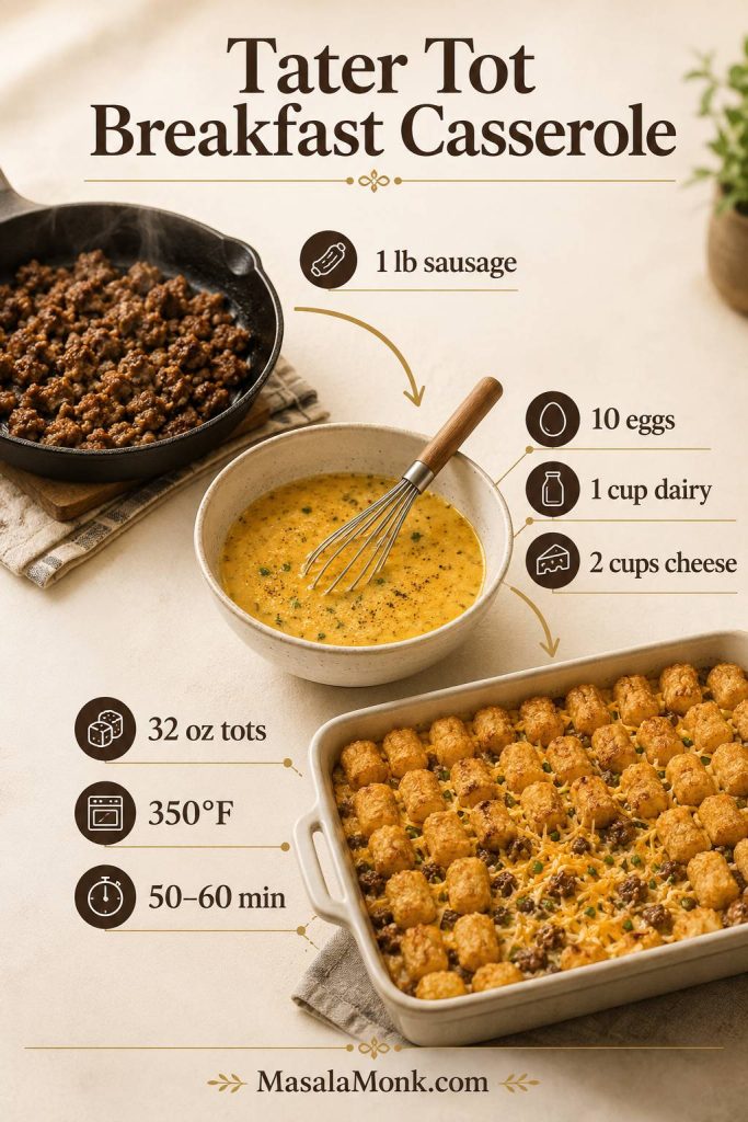 Quick guide for tater tot breakfast casserole showing sausage, eggs, dairy, cheese, frozen tots, bake temperature, and bake time.