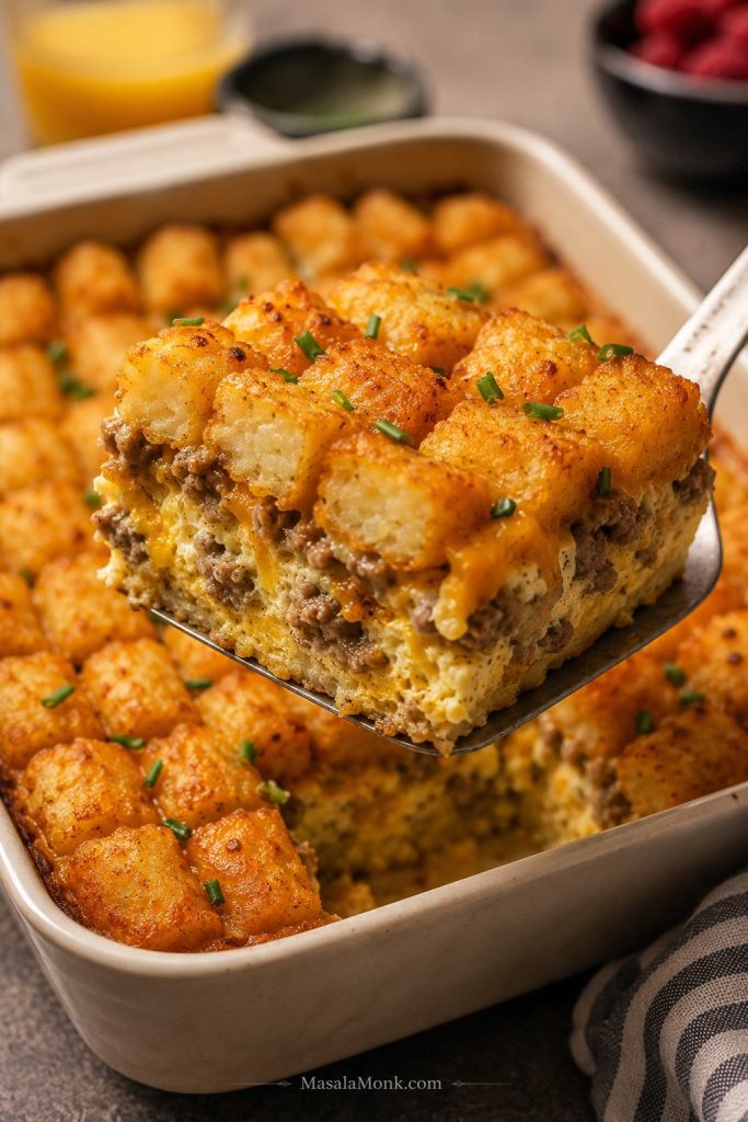 A spatula lifting a square slice of tater tot breakfast casserole with visible eggs, sausage, cheese, and browned tater tots.
