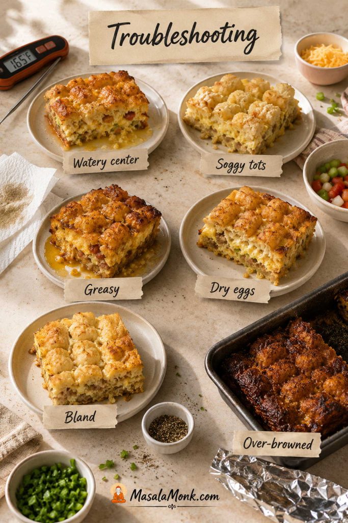Troubleshooting board for tater tot breakfast casserole showing watery center, soggy tots, greasy casserole, dry eggs, bland flavor, and over-browned top.
