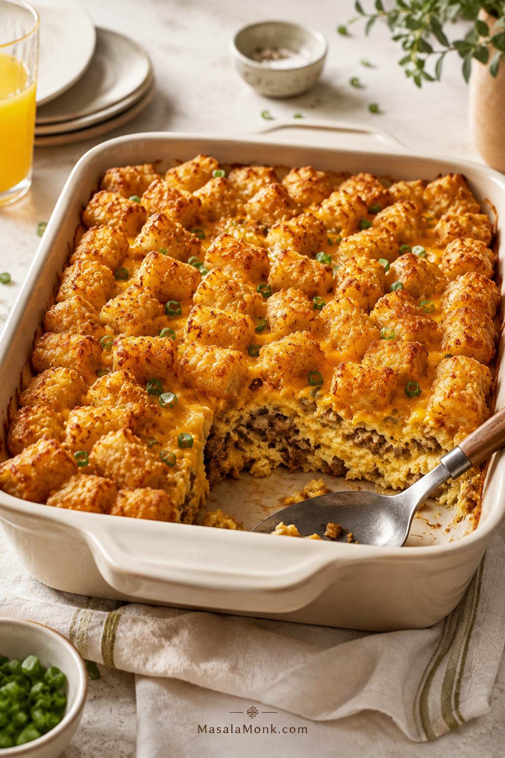 Tater tot breakfast casserole in a white baking dish with golden-browned tots, melted cheese, sausage, and a cut corner showing the egg layer.
