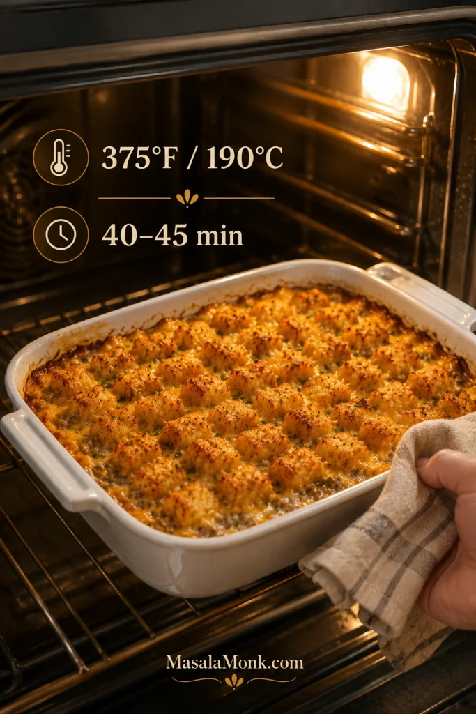 Tater tot casserole baking at 375°F for 40 to 45 minutes until the edges bubble and the top browns