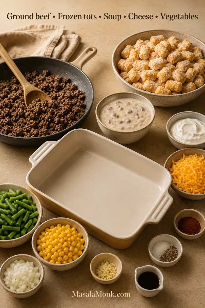 Ingredients for tater tot casserole including ground beef, frozen tater tots, cream of mushroom soup, sour cream, cheddar, vegetables, onion, garlic, and seasoning