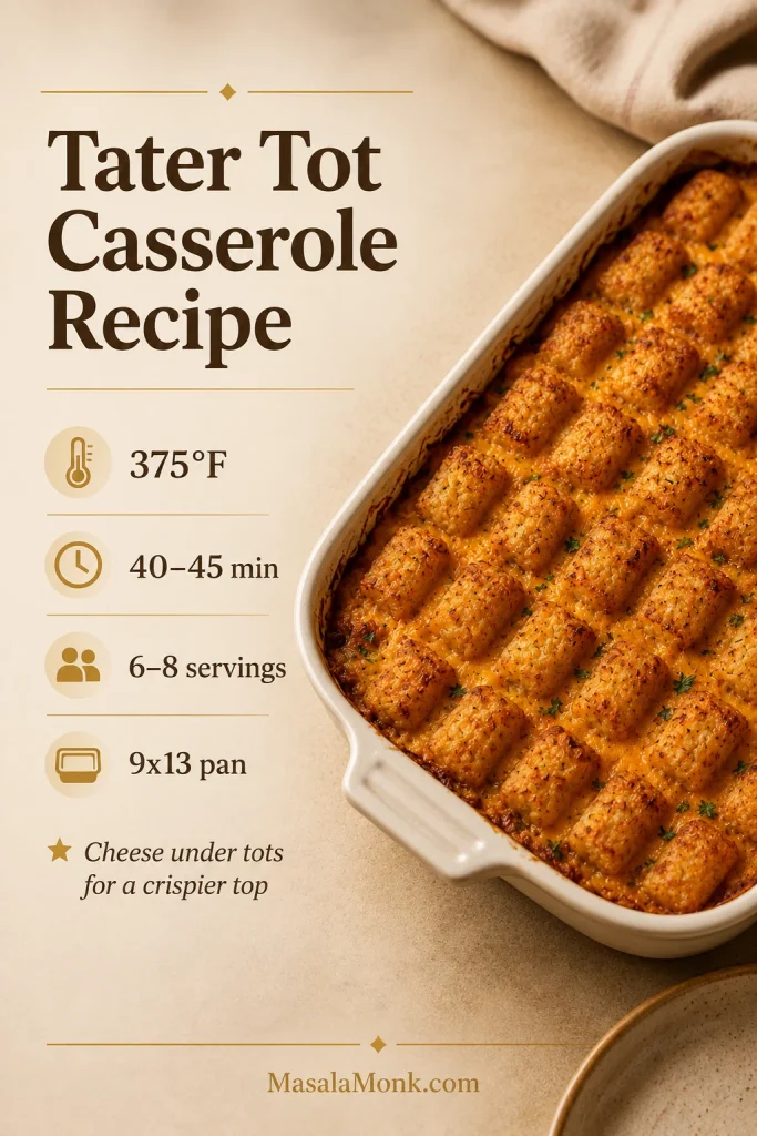 Saveable tater tot casserole recipe card with 375°F temperature, 40 to 45 minute bake time, 6 to 8 servings, 9x13 pan, and cheese under tots tip