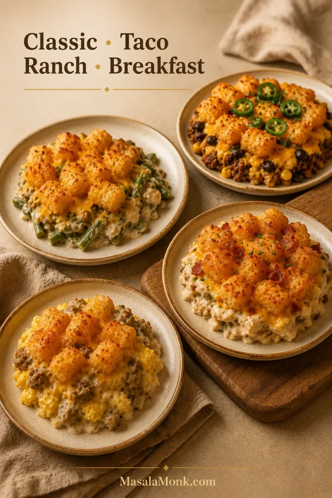 Tater tot casserole variations showing classic, taco, chicken bacon ranch, and breakfast-style servings
