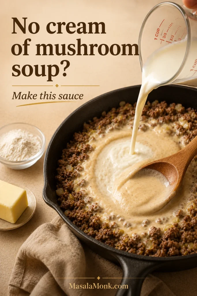 Homemade sauce with milk or broth being poured into a skillet for tater tot casserole without cream of mushroom soup