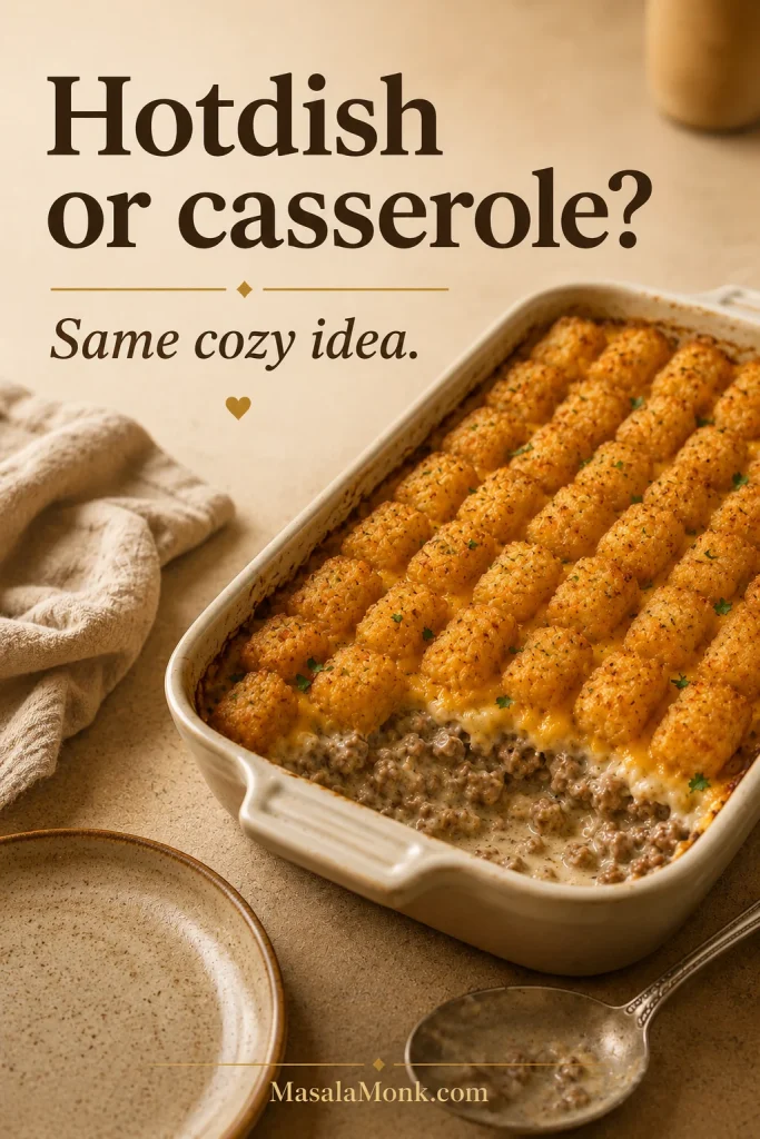 Baked tater tot casserole in a dish labeled as hotdish or casserole with golden tots and creamy filling
