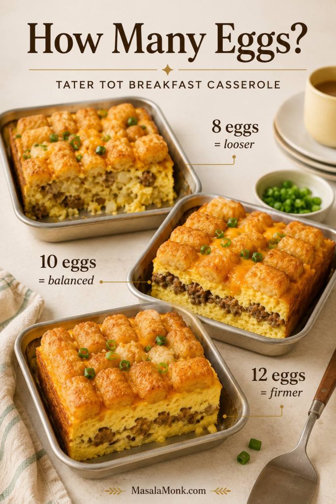Egg ratio guide for tater tot breakfast casserole showing 8 eggs, 10 eggs, and 12 eggs with different casserole textures.