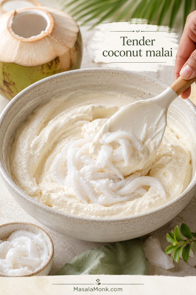 Tender coconut flesh being folded into a creamy coconut ice cream base.