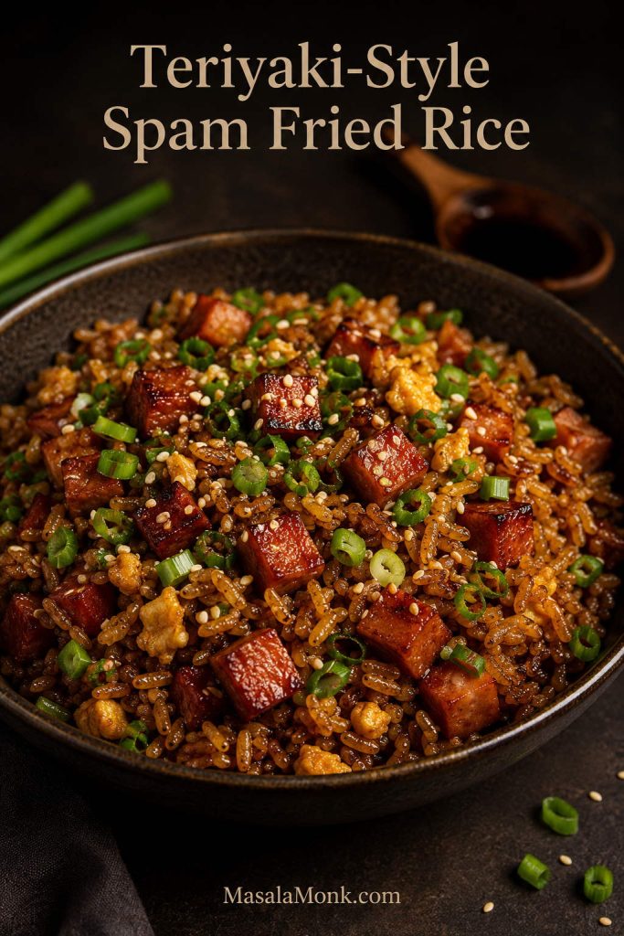 Teriyaki-style fried rice with glossy rice, browned Spam cubes, scallions, and sesame seeds.