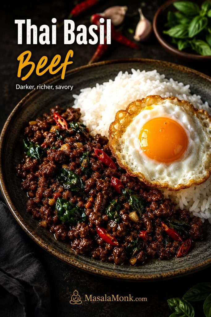 Thai basil beef rice plate with dark glossy beef, basil, red chilies, white rice, and crispy fried egg.