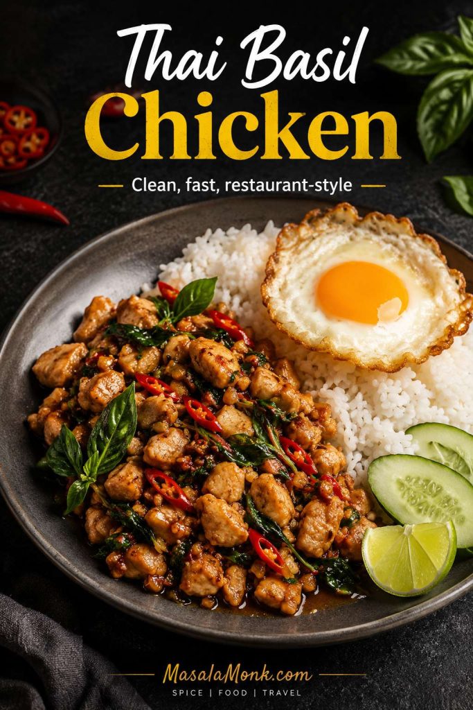 Thai basil chicken plate with glossy chicken pieces, red chilies, basil, rice, cucumber, lime, and crispy fried egg.
