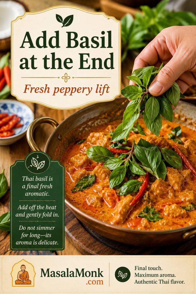 Thai basil being added to finished Panang curry as a final aromatic, with text about fresh peppery lift.