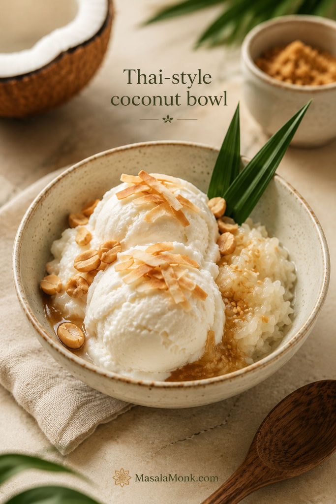 Thai-style coconut ice cream in a bowl with roasted peanuts, sticky rice, toasted coconut, and palm sugar.