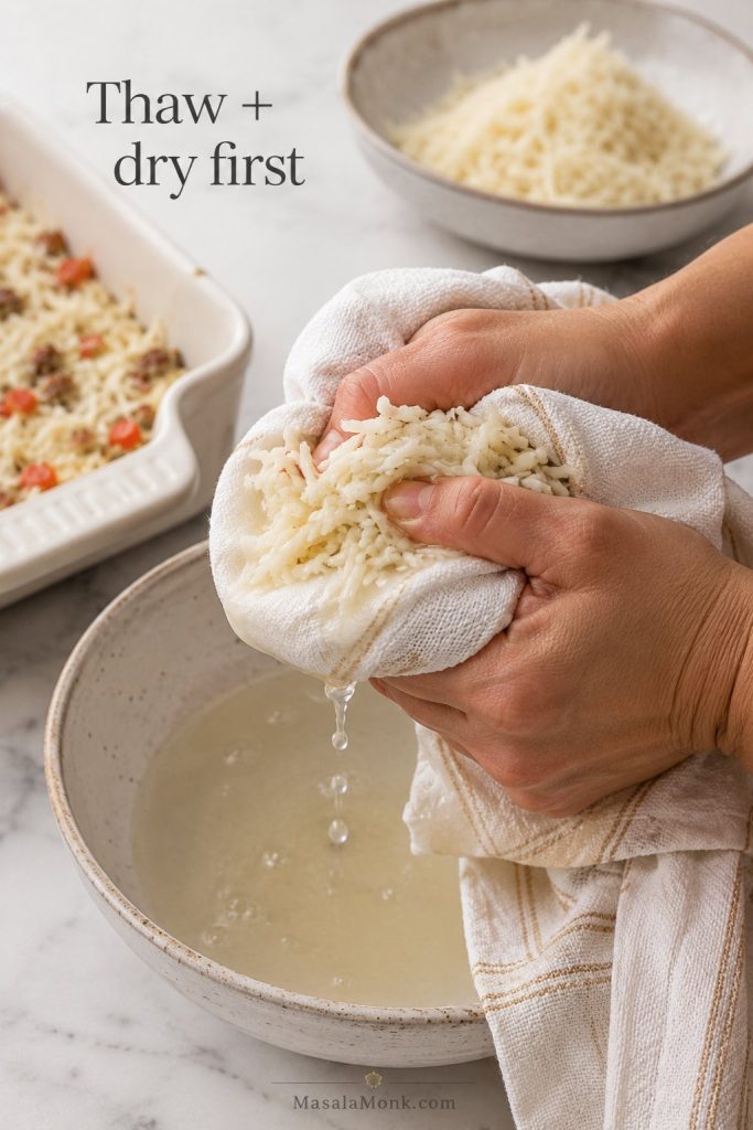 Thawed shredded hash browns being pressed dry in a towel before making breakfast casserole.