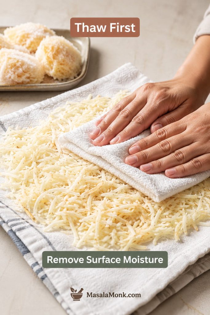 Hands pressing thawed shredded hash browns in a towel to remove surface moisture before making casserole.