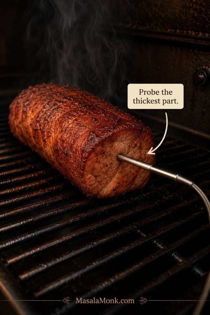 Probe thermometer inserted into the thickest part of smoked pork loin on a smoker grate