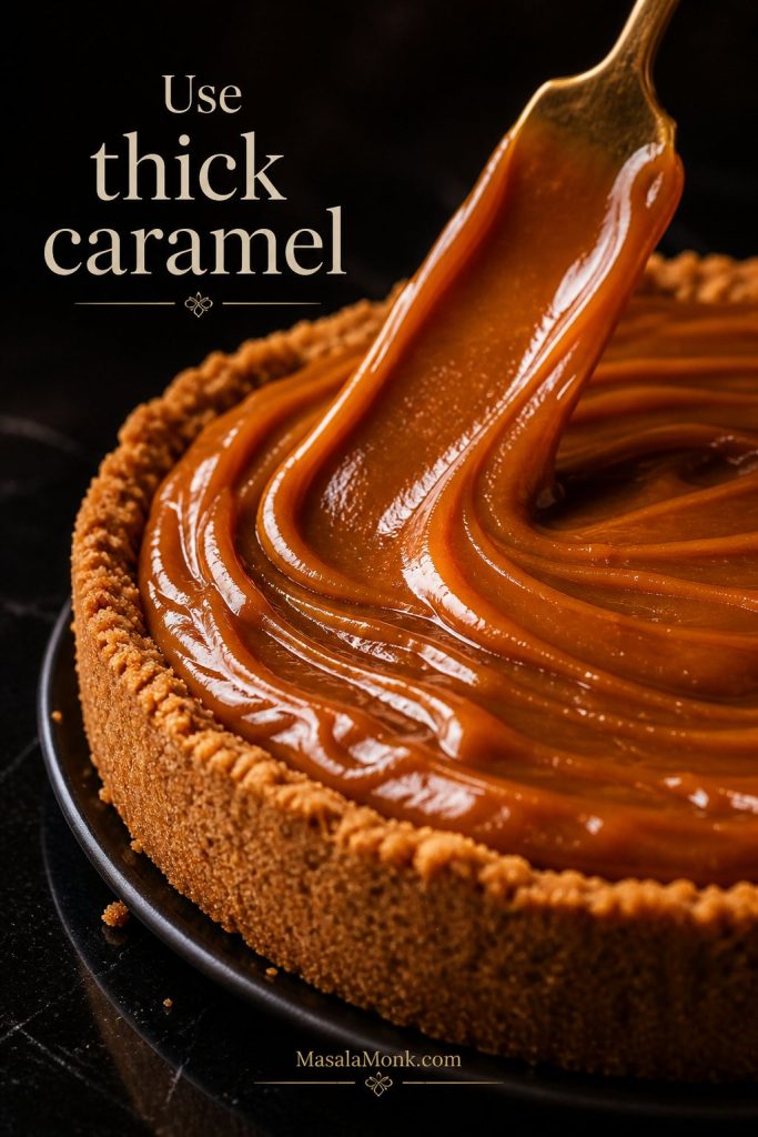 Thick caramel being spread over a chilled biscuit base for Banoffee Pie.