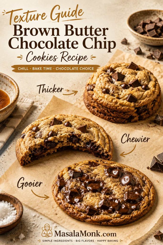 Texture guide showing thicker, chewier, and gooier brown butter chocolate chip cookies with different centers and chocolate pockets.