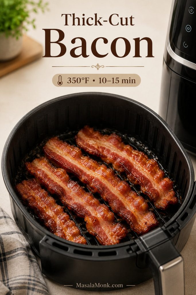 Thick-cut bacon cooking in an air fryer basket with a 350°F and 10 to 15 minute timing cue.