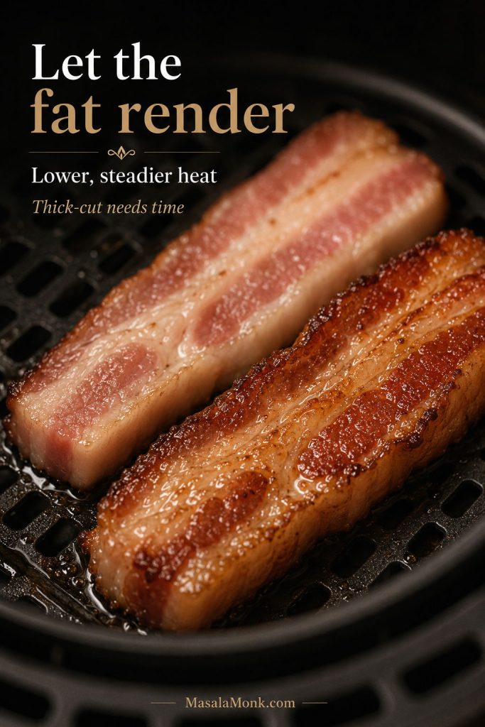 Close-up of thick-cut bacon in an air fryer showing rendered fat and browned edges.