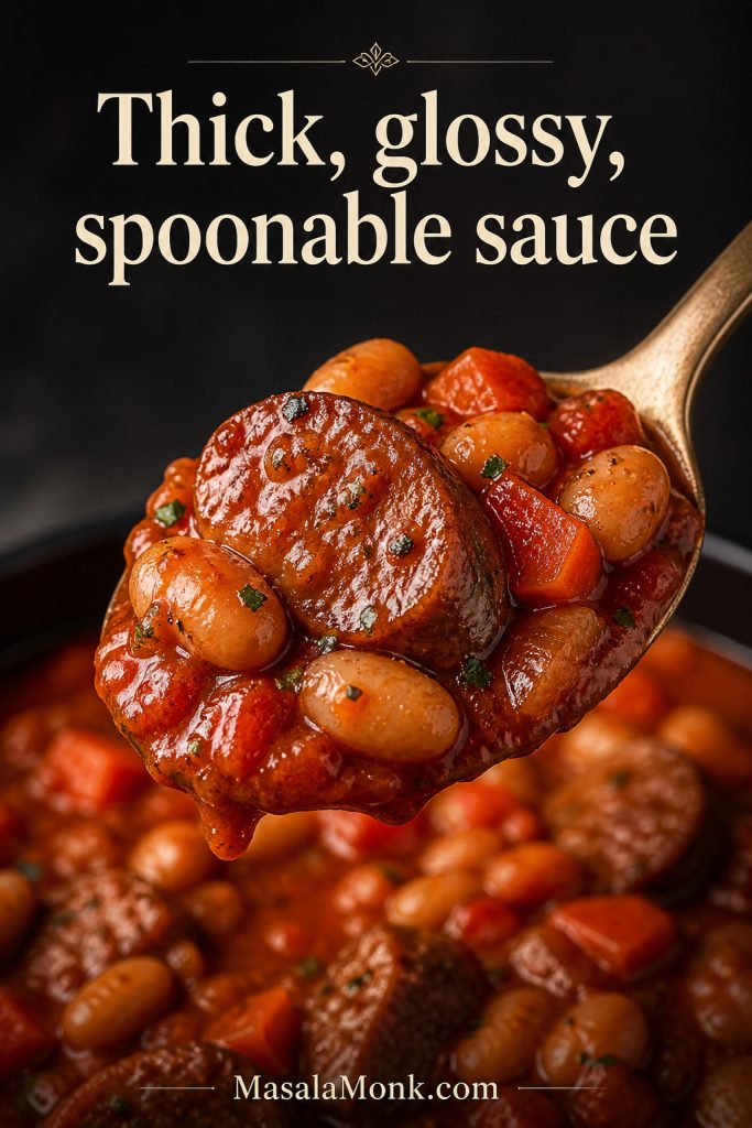 Spoon lifting thick sausage casserole with sausage, white beans, carrots and glossy tomato sauce.